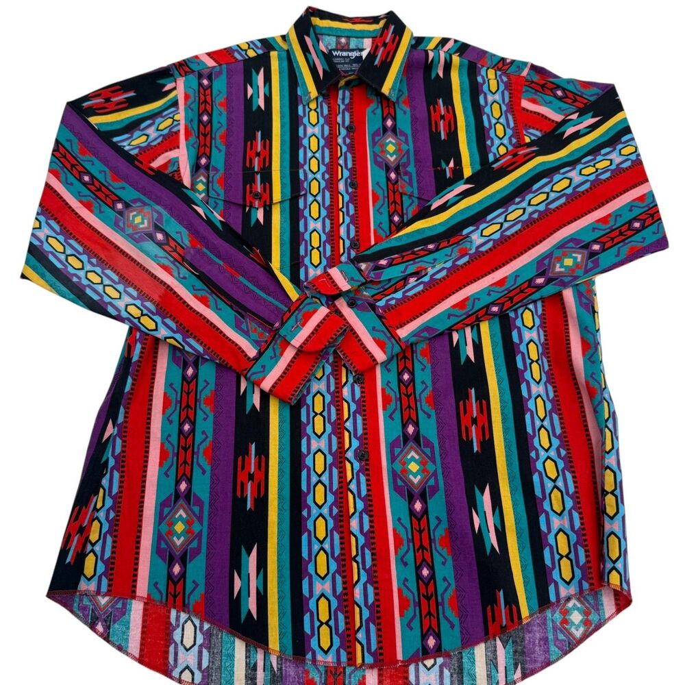 Vintage 90s Wrangler Cowboy Cut Western Shirt L Southwestern Aztec Pearl Snap